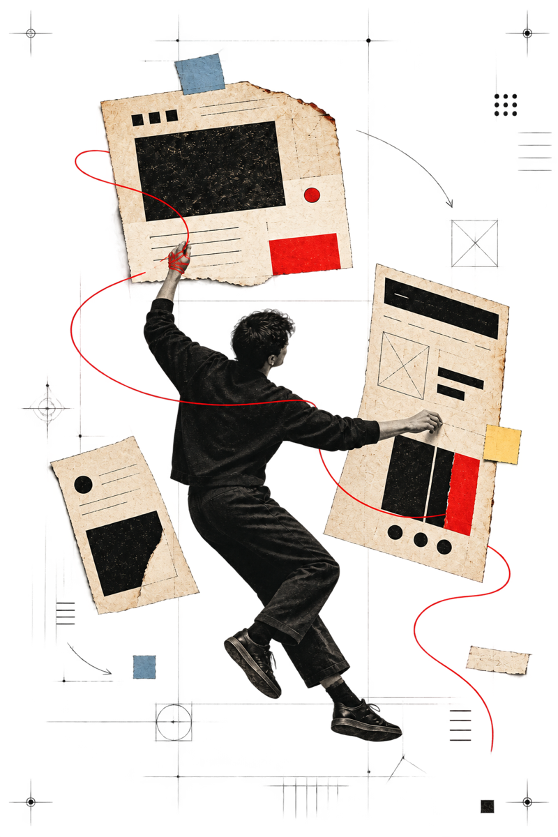 Editorial collage of a designer arranging hand-made interface layouts